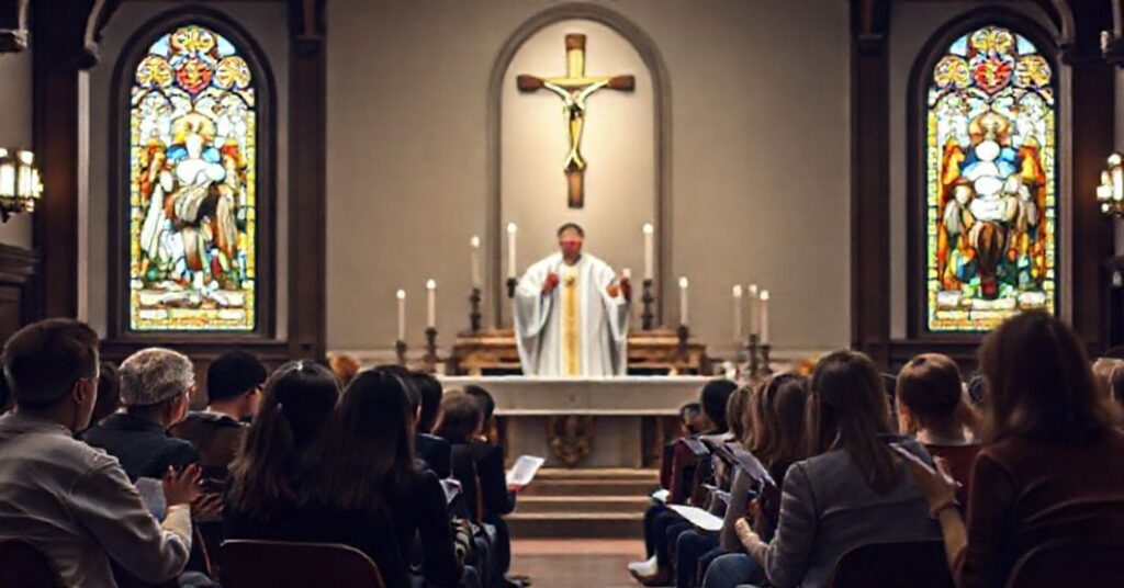 Ksiądz w pełnej stroju liturgicznym stojący przy ołtarzu w tradycyjnym katolickim wnętrzu. Za nim krzyż i świece tworzą poważną atmosferę. W tle widok młodzieży słuchającej doradcy psychologicznego z ulotkami.