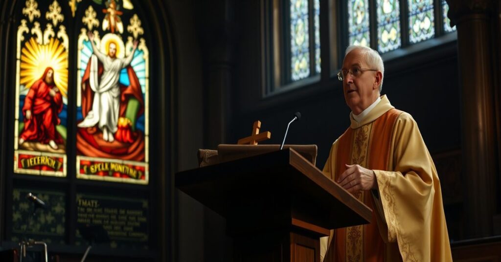 Katolicki ksiądz w tradycyjnych szatach kapłańskich wygłasza gorące kazanie o nawróceniu w gotyckiej kaplicy z witrażem przedstawiającym Sąd Ostateczny