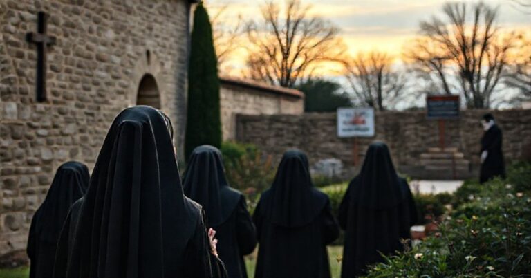 Zdjęcie przedstawiające tradycyjny klasztor katolicki z zakonnicami w habitach modlącymi się w pokojowej atmosferze ogrodu zakonnego.