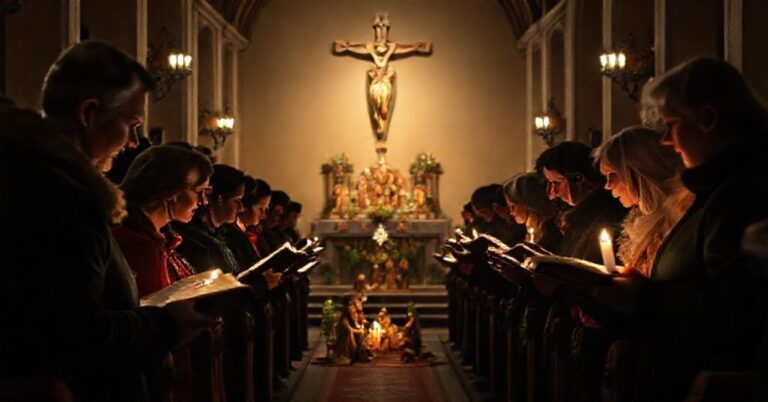 Tradycyjna polska szopka bożonarodzeniowa w kościele z modlącymi się wiernymi przy świetle świec