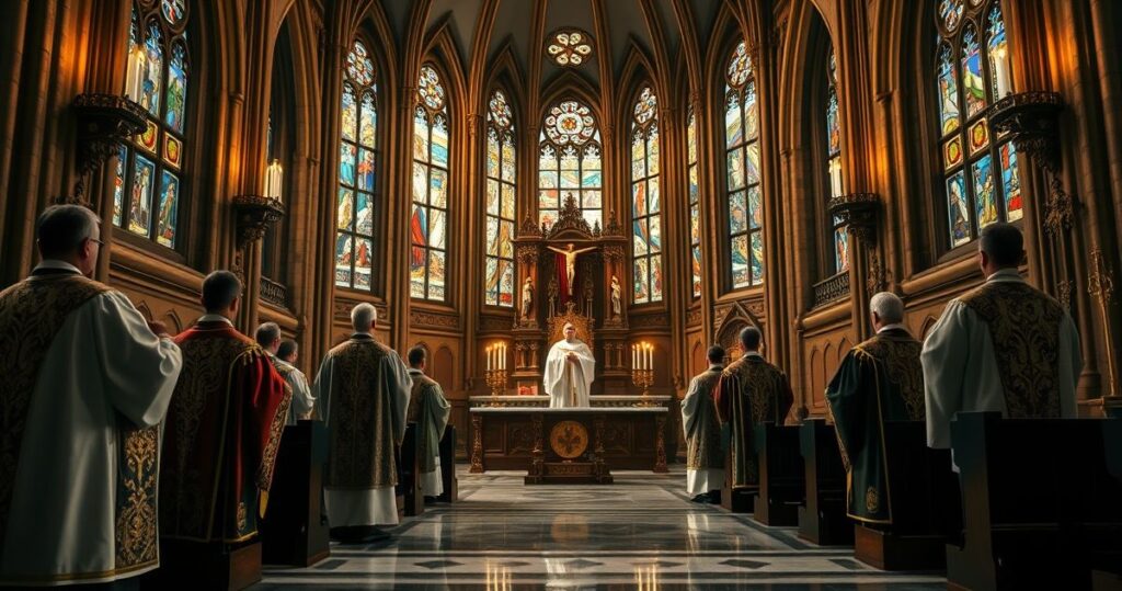 Obraz kościoła katolickiego z duchownymi w tradycyjnych szatach, ukazujący powagę liturgii i krytykę modernistycznych wpływów na katolicką tradycję