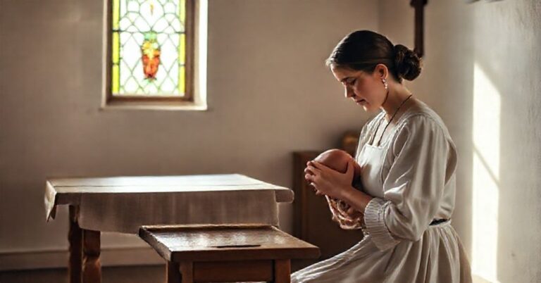 Tradycyjna matka katolicka modli się przed posiłkiem z dzieckiem w pokoju z witrażem i krzyżem na ścianie.