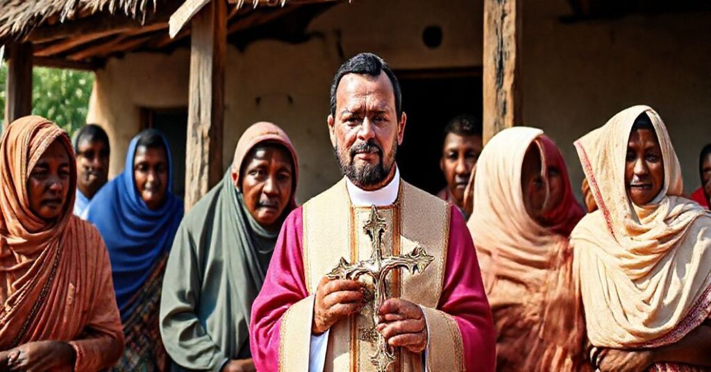Tradycyjny obraz misjonarza katolickiego w liturgicznym stroju z krzyżem, otoczonego ludźmi poddającymi się chrześcijańskiej wierze.