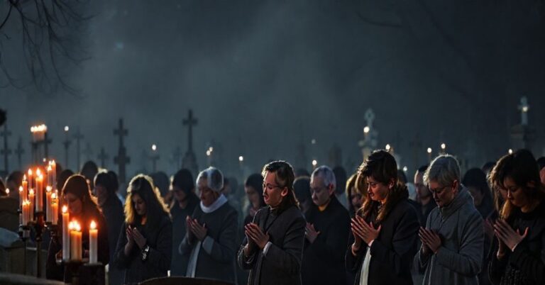 Sobotnie sceny z cmentarza w dniu Wszystkich Świętych, wierni modlący się przed woskowymi zniczami i krzyżami, otoczeni atmosferą pokuty i modlitwy.