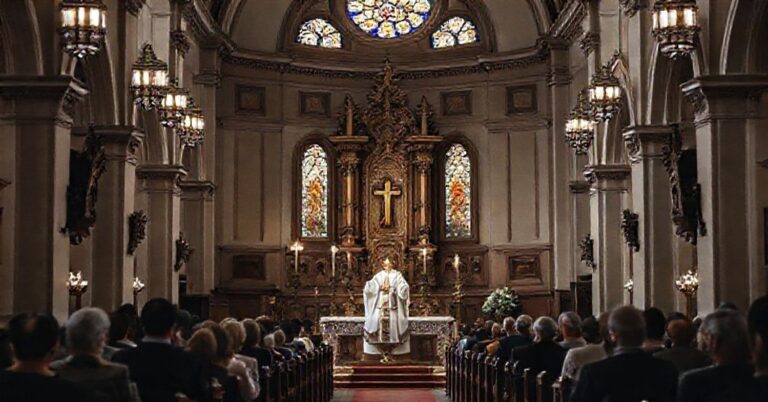 Tradycyjny katolicki wnętrze kościoła z skupionymi w modlitwie wiernymi i kapłanem w stroju liturgicznym podczas Mszy Świętej.