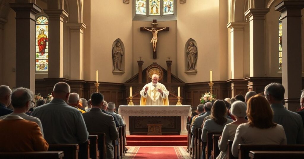 Tradycyjne msze święte w kościele z kapłanem przy ołtarzu i wiernymi w modlitwie, podkreślające świętość i liturgiczny rytm czasu.