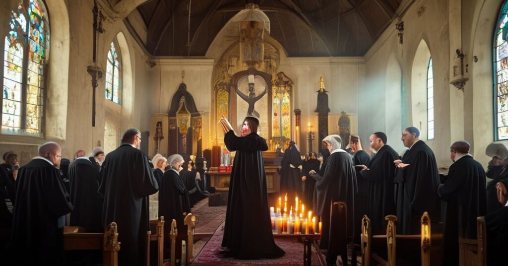 Wszechobecna tradycja: wierni modlący się podczas Mszy łacińskiej w kościele katolickim