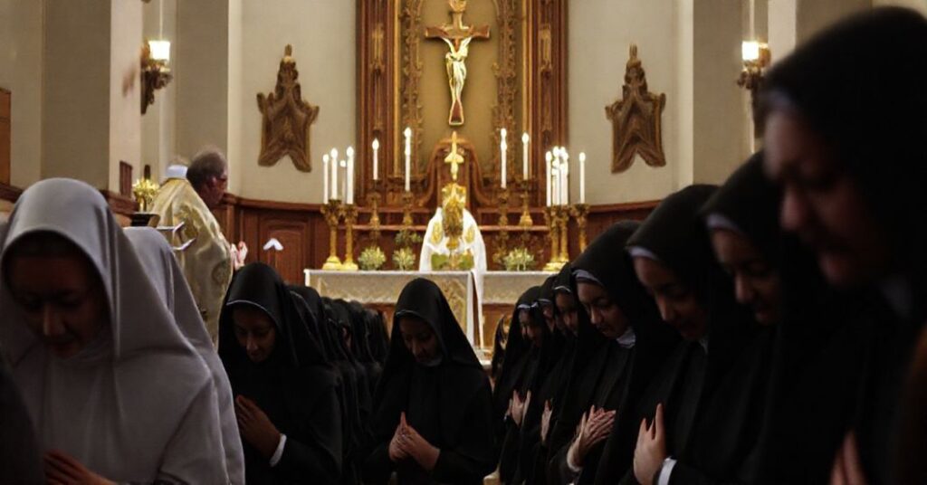 Tradycyjne katolickie nabożenie w koście z księżem w szatach liturgicznych, siostrami w habitach modlącymi się i ołtarzem z krzyżem.