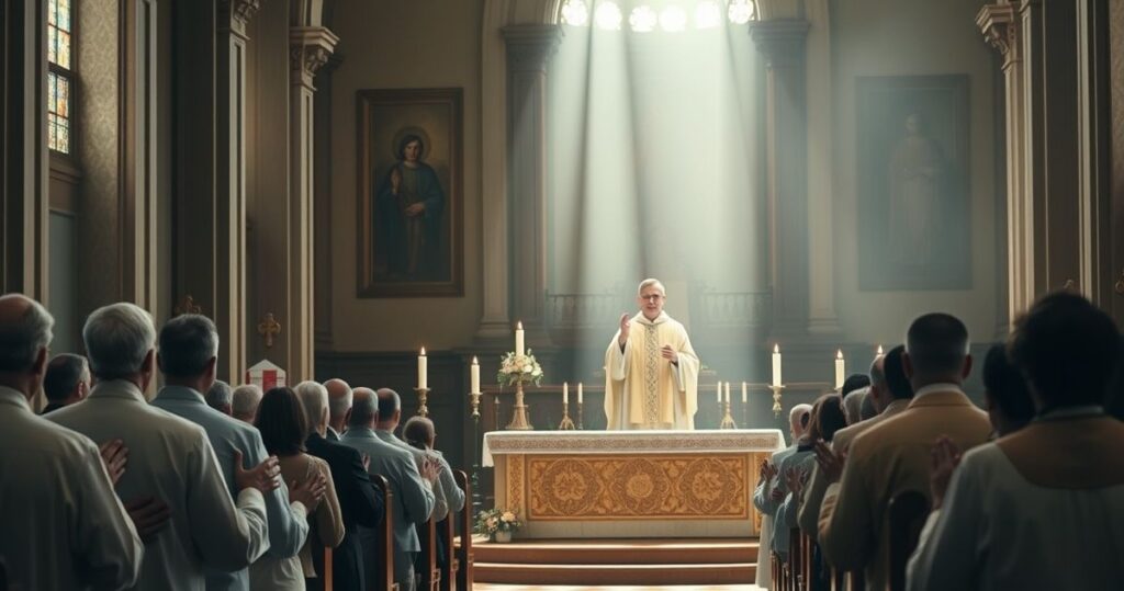 Realistyczne, pełne szacunku wyobrażenie katolickiego nabożeństwa z kapłanem odprawiającym Eucharystię w tradycyjnym kościele, wśród wiernych modlących się, podkreślając duchową głębię i wierną praktykę wiary katolickiej.