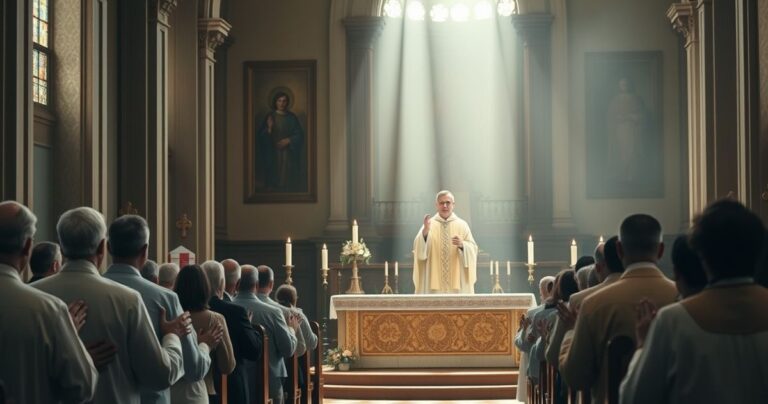 Realistyczne, pełne szacunku wyobrażenie katolickiego nabożeństwa z kapłanem odprawiającym Eucharystię w tradycyjnym kościele, wśród wiernych modlących się, podkreślając duchową głębię i wierną praktykę wiary katolickiej.