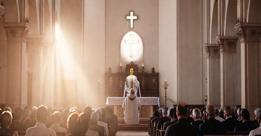 Tradycyjny wnętrze kościoła z ołtarzem i kapłanem trzymającym monstrancję z Najświętszym Sakramentem. Wierni modlą się z głęboką pobożnością.
