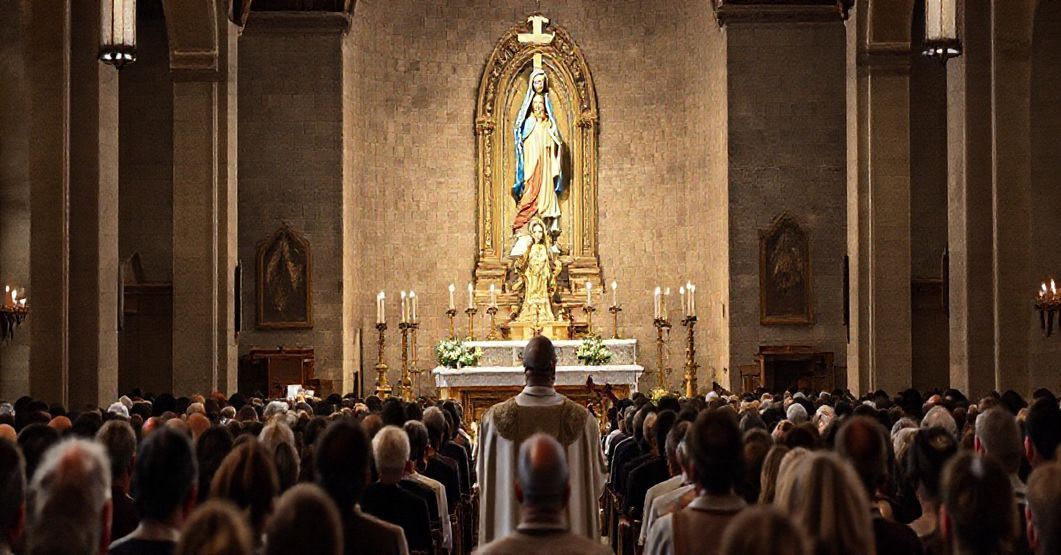 Tradycyjny katolicki nabożeństwo w sanktuarium w Sianowie z akcentem na prawdziwą pobożność i Eucharystię
