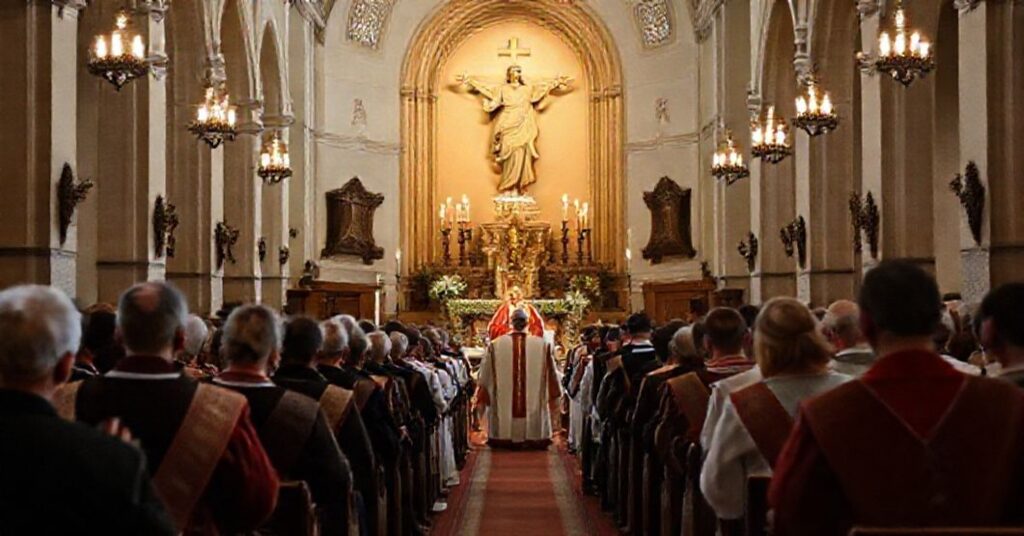 Sobór katolicki w tradycyjnym stylu z modlącymi się wiernymi w obecności Chrystusa Króla