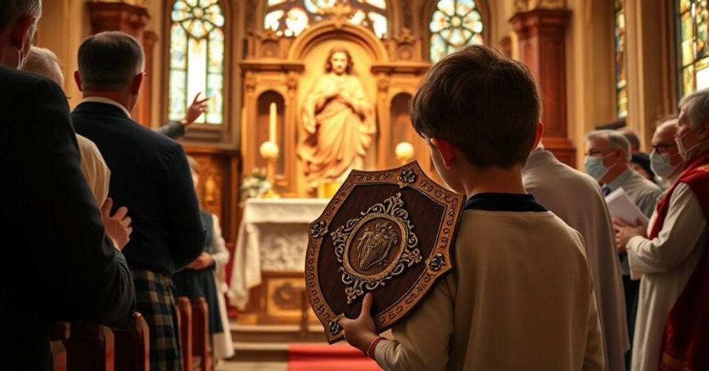 Tradycyjny wnętrze kościelne z rzeźbą Najświętszego Serca Pana Jezusa otoczone wiernymi. Na pierwszym planie dziecko trzyma "Tarcze Najświętszego Serca" przy tradycyjnym Mszy Świętej.