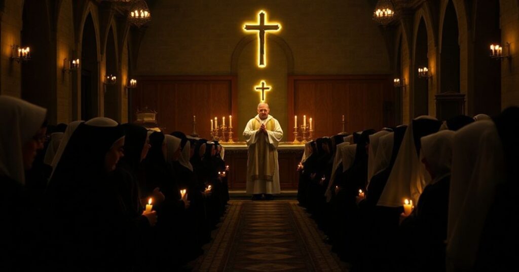 Sobór katolicki w tradycyjnym stylu z kapłanem w pełnym stroju liturgicznym celebrującym Mszę trydencką otoczony modlącymi się wiernymi.