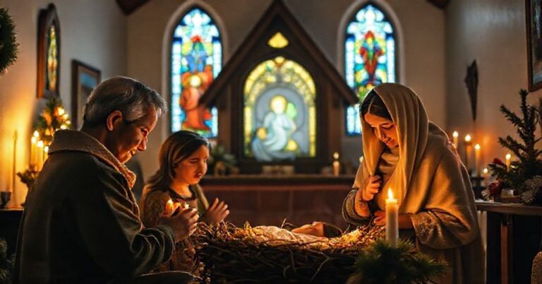 Tradycyjna scena Narodzenia w domu katolickim z rodziną modlącą się przed żłobkiem