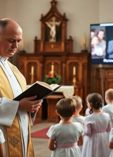 Tradycyjne przygotowanie do Pierwszej Komunii Świętej w kościele z księdzem w sutannie i ornaty.