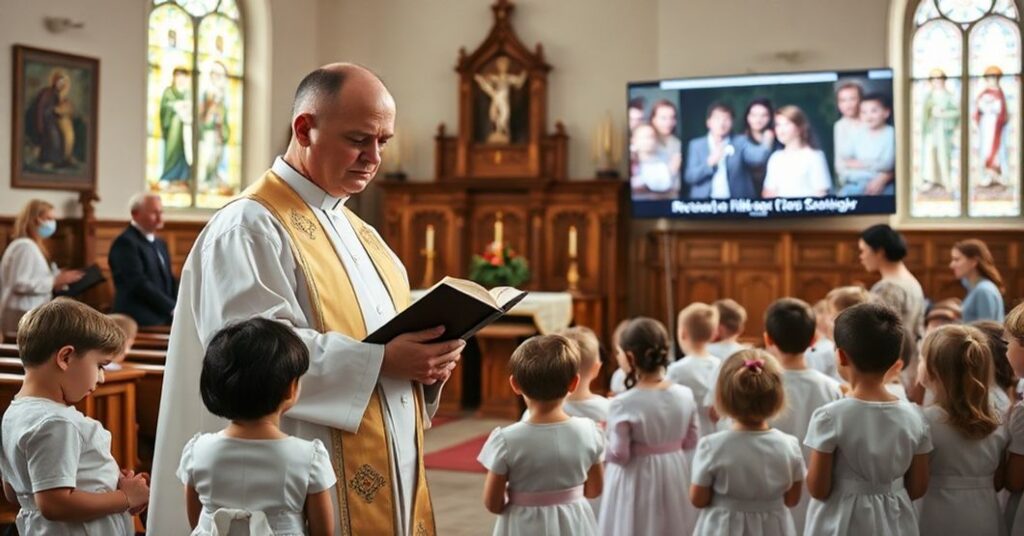 Tradycyjne przygotowanie do Pierwszej Komunii Świętej w kościele z księdzem w sutannie i ornaty.