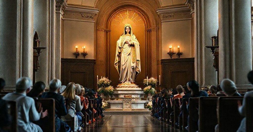 Tradycyjna figura Matki Boskiej w kościele, otoczona wierzącymi modlącymi się na kolanach, podkreślająca jej rolę jako Pośredniczki Wszystkich Łask i Współodkupicielki.