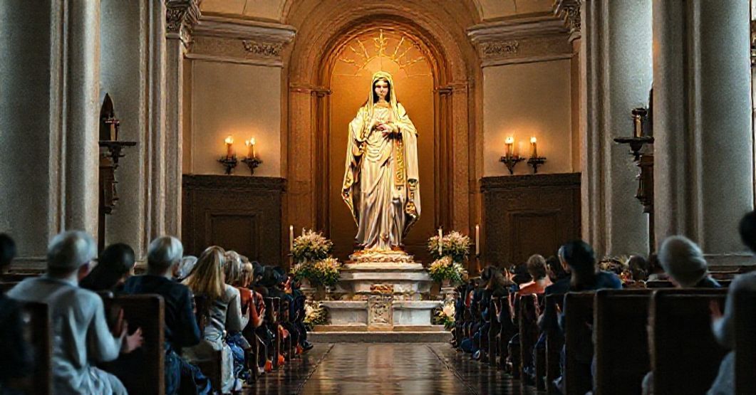 Tradycyjna figura Matki Boskiej w kościele, otoczona wierzącymi modlącymi się na kolanach, podkreślająca jej rolę jako Pośredniczki Wszystkich Łask i Współodkupicielki.