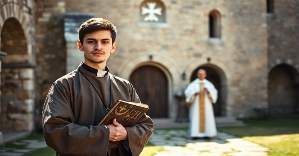 Młody człowiek w tradycyjnym habitach katolickich stojący przed starym klasztorem