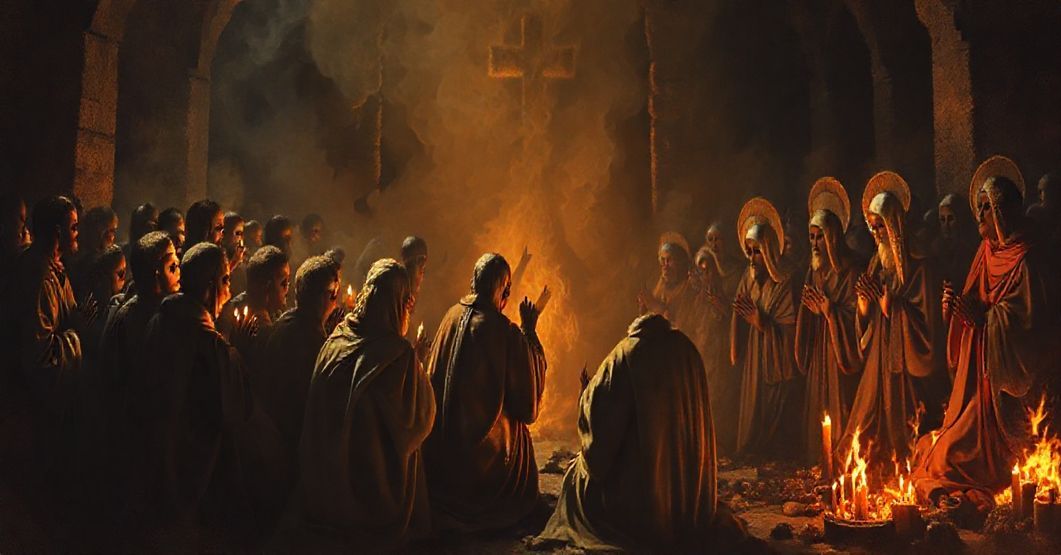 Tradycyjne katolicke przedstawienie Kościoła Zwycięskiego, Walczącego i Cierpiącego, z akcentem na nadprzyrodzone rzeczywistości czyśćca i komunii świętych.