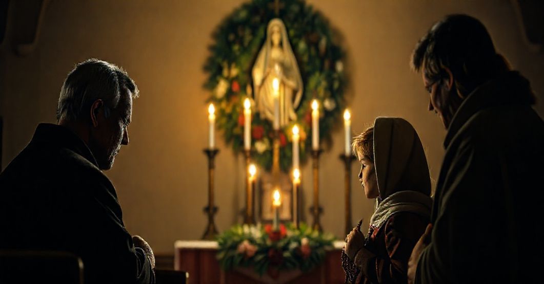 Tradycyjna katolicka rodzina modli się w czasie Adwentu przed rzeźbami Chrystusa Króla i Matki Boskiej przed Adwentową wieńcem z trzema zapalonymi świecami.