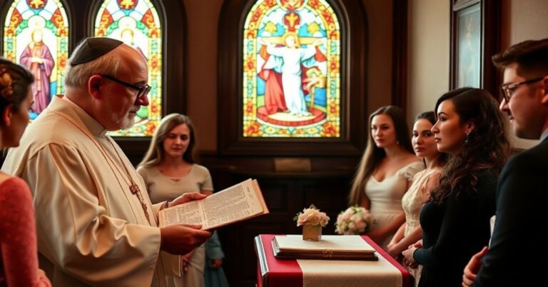 Tradycyjna katolicka klasa przygotowania do małżeństwa w kaplicy z księżem w sutannie i birecie