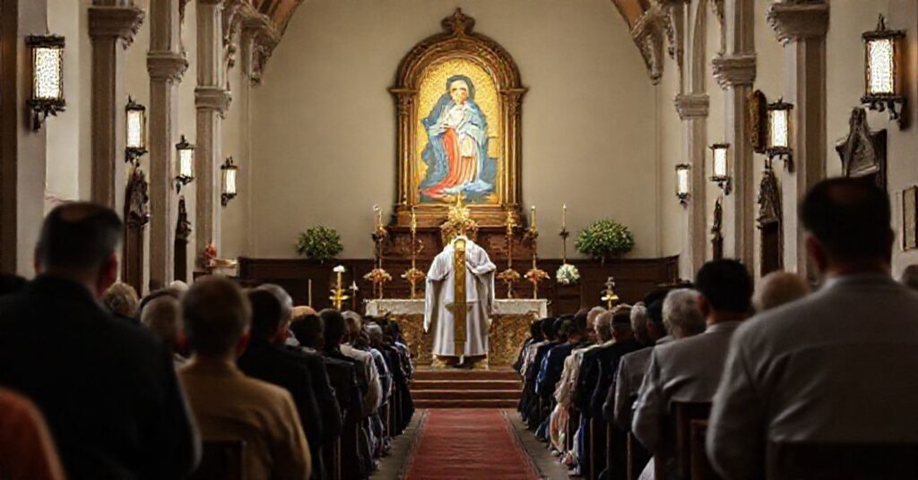 Tradycyjny wnętrze kościoła podczas rekolekcji adwentowych z ikoną Matki Boskiej Częstochowskiej