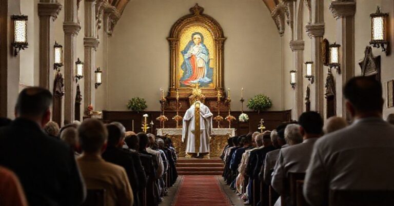 Tradycyjny wnętrze kościoła podczas rekolekcji adwentowych z ikoną Matki Boskiej Częstochowskiej