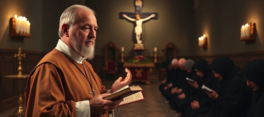 Solemny moment podczas tradycyjnych rekolekcji katolickich w Limie prowadzonych przez tradycyjnego kapłana w ornatach z grupą pokutujących modlących się w ciemnej kaplicy z krzyżem i świecami.