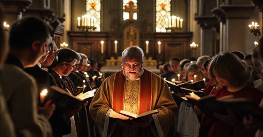 Tradycyjna katolicka msza roratnia w kościele przed Soborem, z kapłanem w tradycyjnych ornatach i wiernymi w modlitwie.