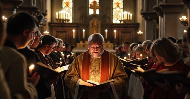 Tradycyjna katolicka msza roratnia w kościele przed Soborem, z kapłanem w tradycyjnych ornatach i wiernymi w modlitwie.