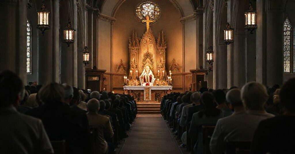 Tradycyjne roraty w kościele katolickim z modlącymi się wiernymi i kapłanem w ornatach