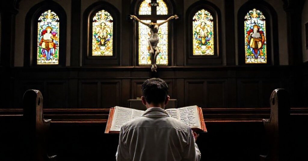 Młody seminarzysta w modlitwie przed krzyżem w tradycyjnym kościelnym wnętrzu