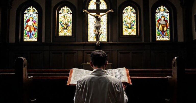 Młody seminarzysta w modlitwie przed krzyżem w tradycyjnym kościelnym wnętrzu