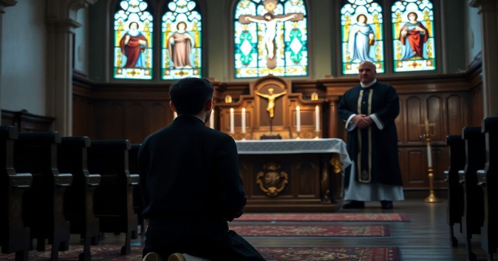 Tradycyjne seminarium katolickie z młodym klerykiem modlącego się w kaplicy przed ołtarzem z krzyżem i świecami.