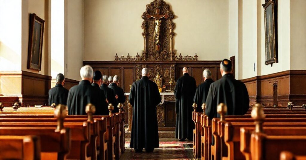 Zdjęcie realistycznego, pełnego szacunku wnętrza seminarium katolickiego z kapłanami modlącymi się przy ołtarzu, symbolizujące tradycyjne wartości katolickie w obliczu współczesnych zagrożeń modernizmu