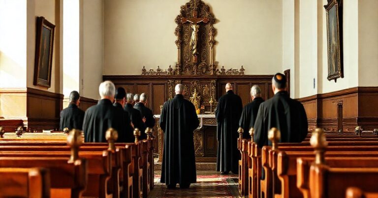 Zdjęcie realistycznego, pełnego szacunku wnętrza seminarium katolickiego z kapłanami modlącymi się przy ołtarzu, symbolizujące tradycyjne wartości katolickie w obliczu współczesnych zagrożeń modernizmu
