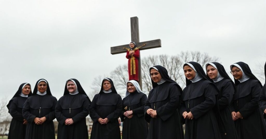 Obraz przedstawiający tradycyjne siostry zakonne i rdzennych mieszkańców Ameryki w La Crosse, Wisconsin, podczas kontrowersyjnej transakcji nieruchomości Marywood.