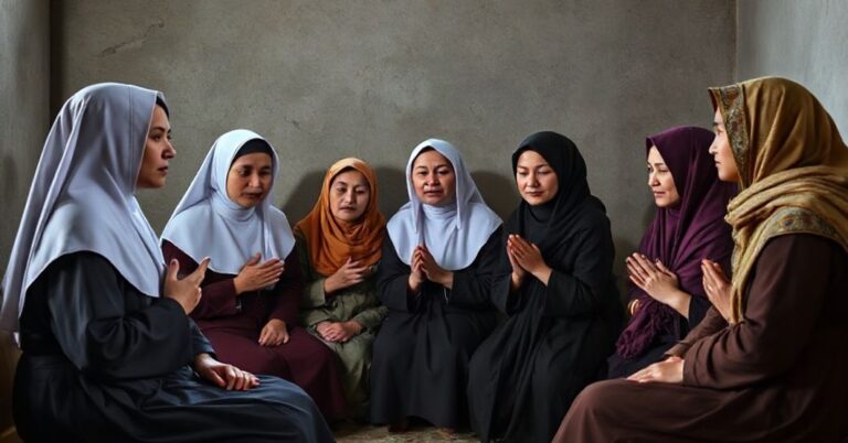 Tradycyjne katolickie siostry w habitach prowadzą modlitwy z kobietami różnych wyznań w Azji Środkowej.