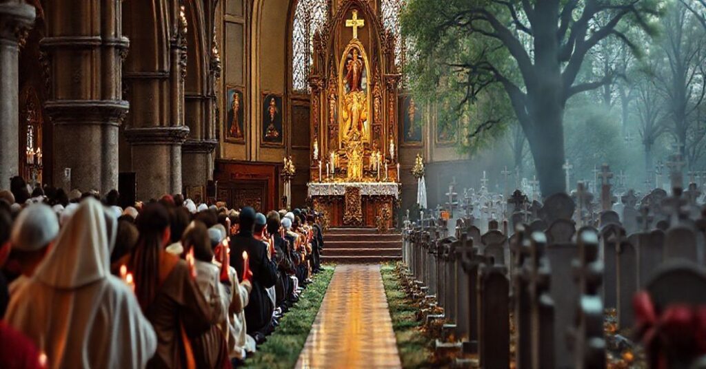 Tradycyjna procesja na Święto Wszystkich Świętych przy kościelnym ołtarzu z wiernymi modlącymi się i świecami, kontrastującą z modernistyczną sceną cmentarza symbolizującą doktrynalne zamieszanie.