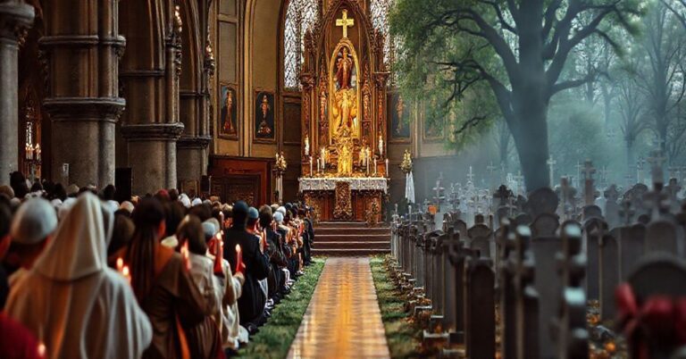 Tradycyjna procesja na Święto Wszystkich Świętych przy kościelnym ołtarzu z wiernymi modlącymi się i świecami, kontrastującą z modernistyczną sceną cmentarza symbolizującą doktrynalne zamieszanie.