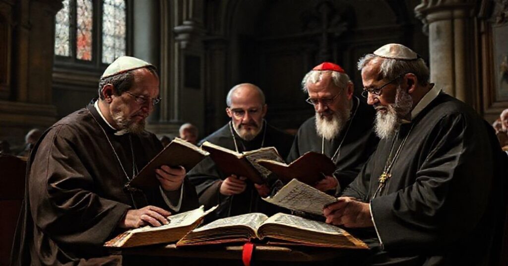 Grupa tradycyjnych teologów katolickich badających apokryficzne teksty w świątyni kościoła.