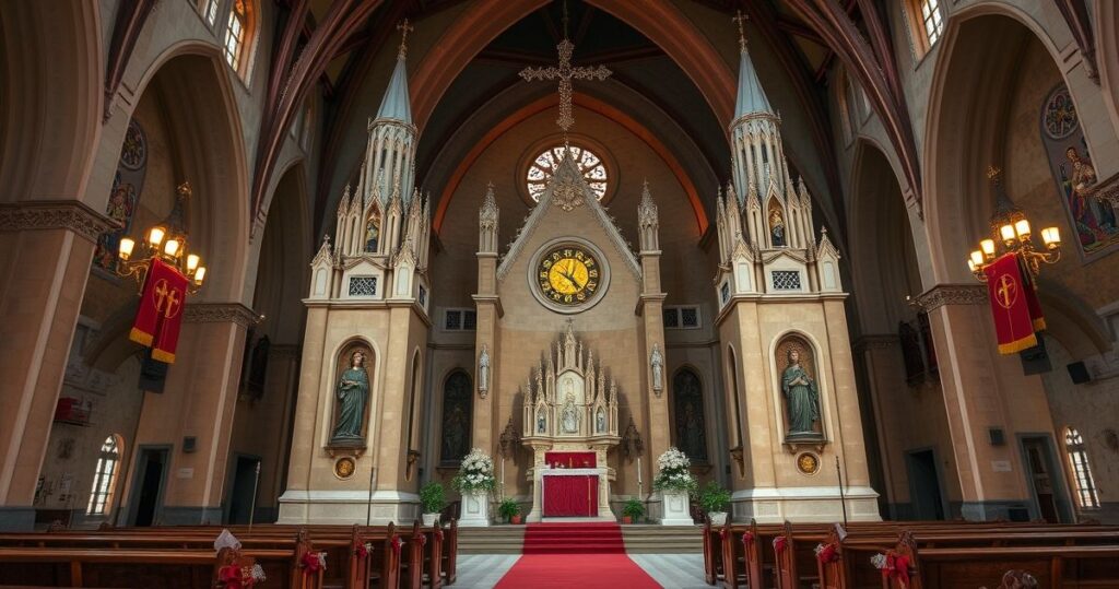 Fotografia realistycznego, tradycyjnego wnętrza katolickiego kościoła z ołtarzem i świecami, wyrażająca szacunek dla katolickiej liturgii i tradycji.