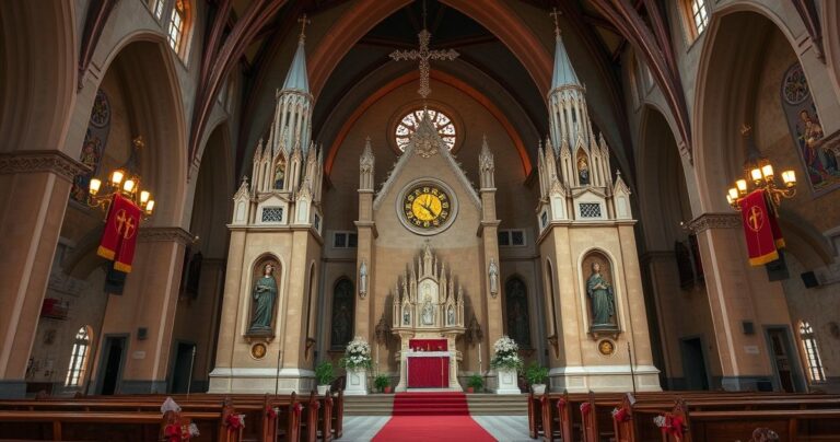 Fotografia realistycznego, tradycyjnego wnętrza katolickiego kościoła z ołtarzem i świecami, wyrażająca szacunek dla katolickiej liturgii i tradycji.