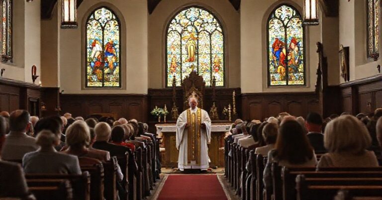 Tradycyjny wnętrze kościoła z kapłanem w szatach liturgicznych i wiernymi podczas uroczystości religijnej.