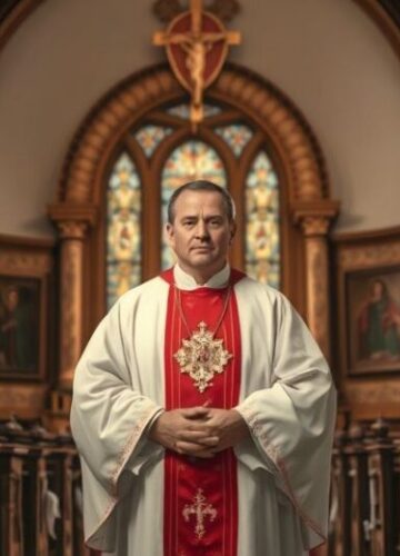 Fotorealistyczne wnętrze kościoła katolickiego z kapłanem dla wpisu blogowego Fotorealistyczne zdjęcie tradycyjnego wnętrza katolickiego kościoła z kapłanem w stroju liturgicznym, wyrażające duchową powagę i wierność naukom Kościoła, ukazujące katolicką hierarchię i pobożność.