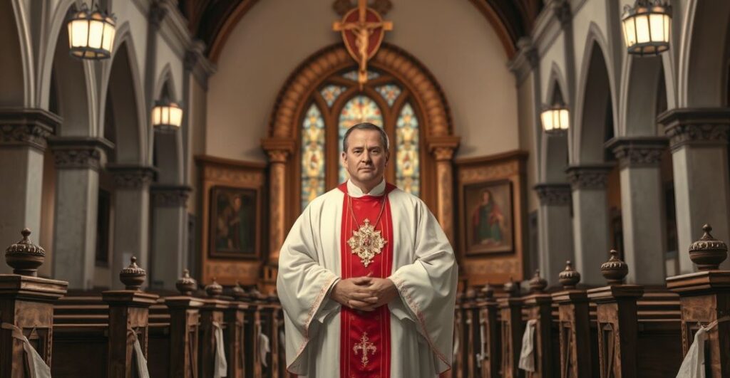 Fotorealistyczne zdjęcie tradycyjnego wnętrza katolickiego kościoła z kapłanem w stroju liturgicznym, wyrażające duchową powagę i wierność naukom Kościoła, ukazujące katolicką hierarchię i pobożność.