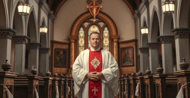 Fotorealistyczne zdjęcie tradycyjnego wnętrza katolickiego kościoła z kapłanem w stroju liturgicznym, wyrażające duchową powagę i wierność naukom Kościoła, ukazujące katolicką hierarchię i pobożność.